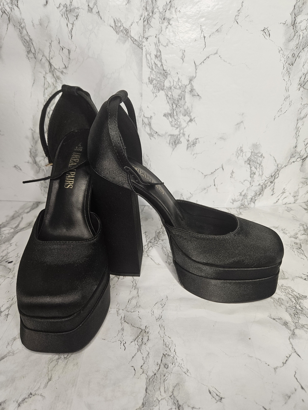 Dream Pairs Black Satin Platform Slingback Heels
